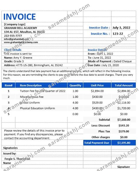 Free Sample School Invoice Template